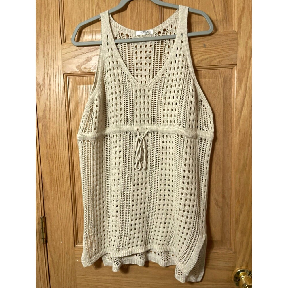 AIMAGE Women's Crochet Swim Cover Up Dress Beige Drawstring Waist XL
